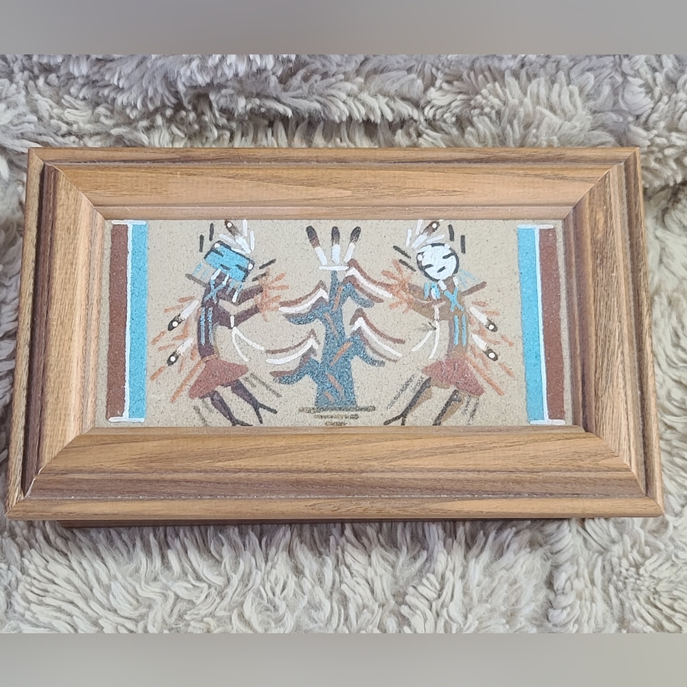Wooden Framed Native Art Sand Painting Trinket Keepsake Box, Artist Signed